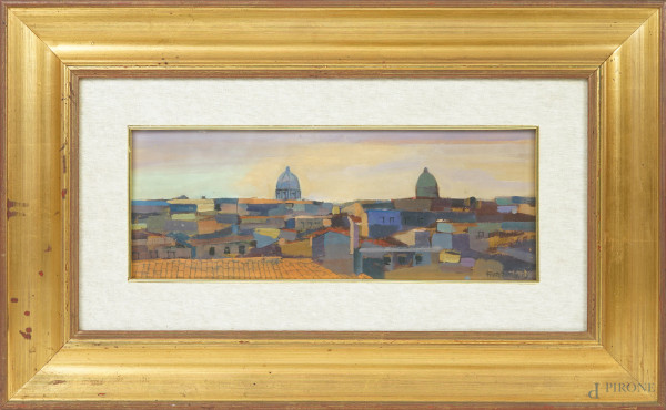 Corrado Frateantonio - Tetti, olio su tela, cm 24,5x49,5, firmato, entro cornice, (mancante il telaio)