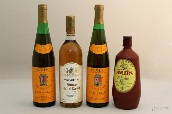Lotto di quattro bottiglie di vino:Cormon,Lancers,Vistarenni.