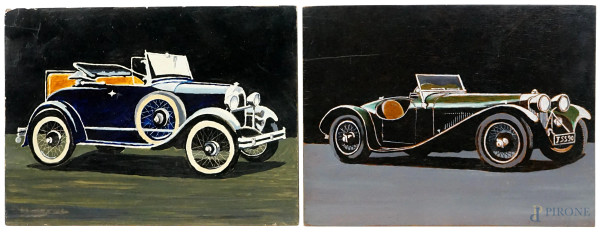 Ford e Jaguar, due dipinti ad olio su compensato, cm 24x32, inizi XX secolo, (lievi difetti).