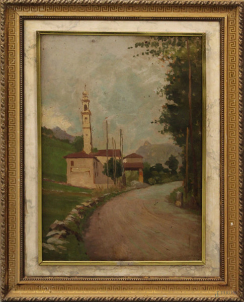 Scorcio di strada con chiesa, olio su tavola, 30x46 cm, entro cornice firmato Liverani
