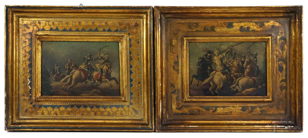 Coppia di battaglie, olio su tavola, cm 15,5x23, XX secolo, entro cornici