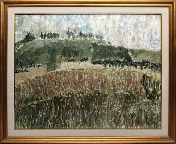 Paesaggio campestre, olio su tela, cm 45x55, entro cornice.