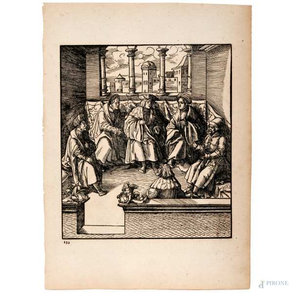 Leonard Beck (1480-1542), xilografia in I tiratura raffigurante Scena di corte del re Massimiliano d'Asburgo, foglio cm 32,5x23, (lieve foxing e segni di usura ai margini)