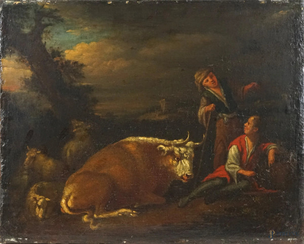 Pittore fiammingo del XVIII secolo, Pastori con armenti, olio su tela,cm  35x44,entro cornice.