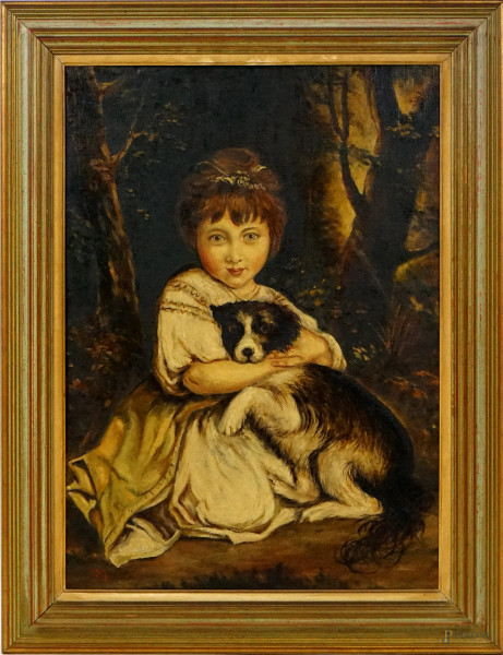 Bambina con cane, oleografia polimaterica su tela, cm 70x50, entro cornice.