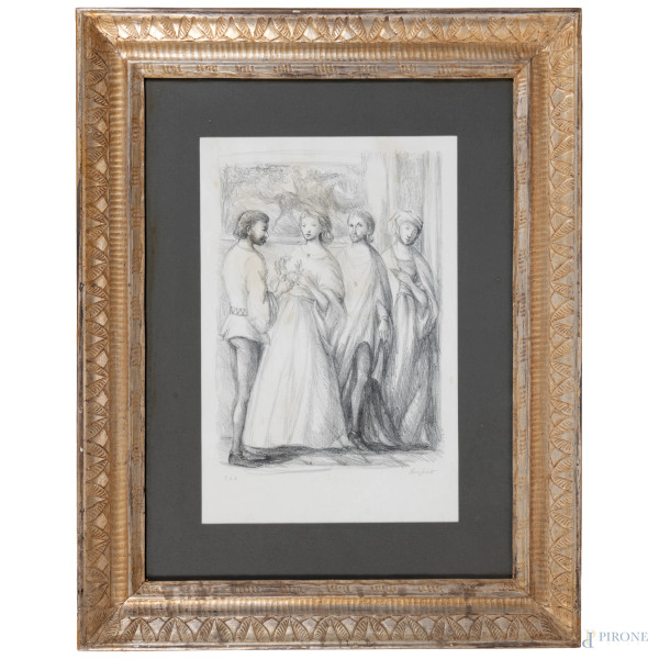 Domenico Purificato (1915-1984), Figure, litografia es P.d.A., cm 58x43 compreso passepartout, firmato in basso a destra entro cornice (lievi segni del tempo)