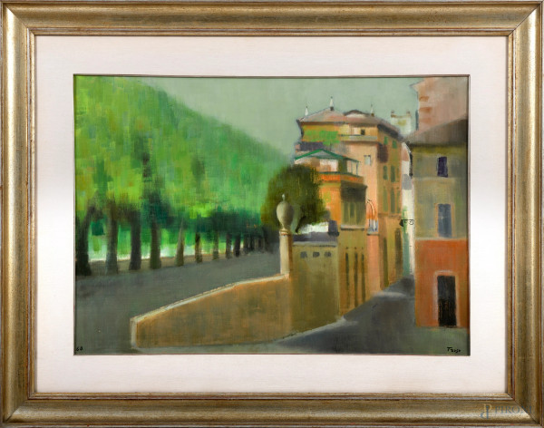Fernando Troso (Lecce, 1910 – Roma, 1990), Via Giulia, olio su tela, cm 50x70 entro cornice, XX secolo, firmato in basso a destra "Troso" e datato in basso a sinistra, (difetti)