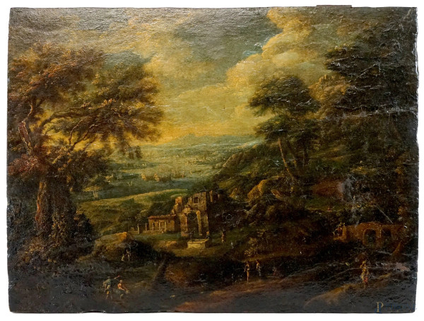 Paesaggio con figure, olio su tavola, cm 33x43,5, XVIII secolo, (lievi difetti).