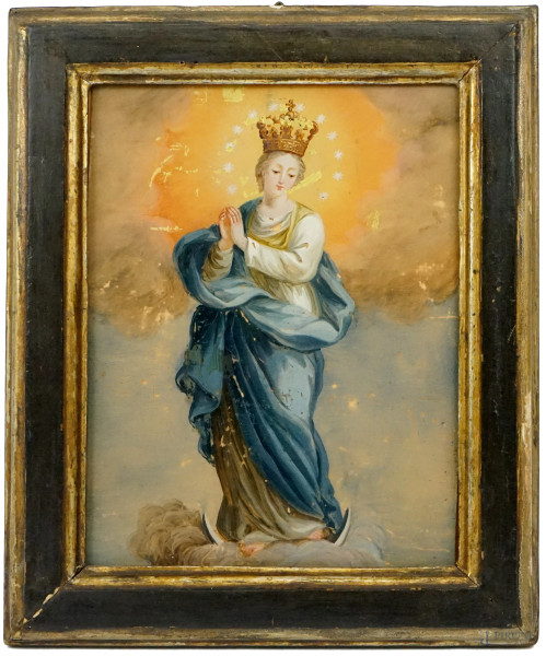 Vergine Immacolata, dipinto ad olio sotto vetro, cm 21,5x15,5, XIX secolo, entro cornice.
