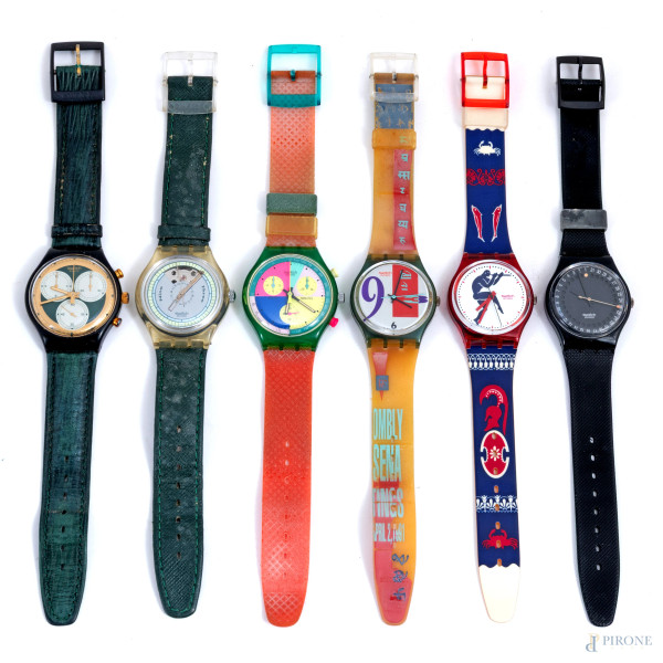 Lotto di sei orologi Swatch, misura massima cm 23, (segni di usura, da revisionare)