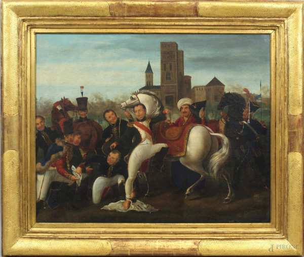 Napoleone ferito davanti a Ratisbona, olio su tela, cm 64x81, XIX secolo, entro cornice.