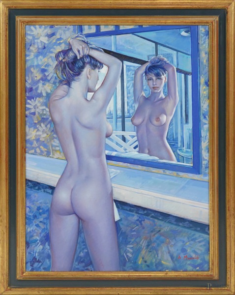 Alfredo Moraldi, Nudo allo specchio, olio su tela, cm 70x50, autenticato, firmato in basso a destra, firmato e datato "2001" dall'artista sul retro, entro cornice