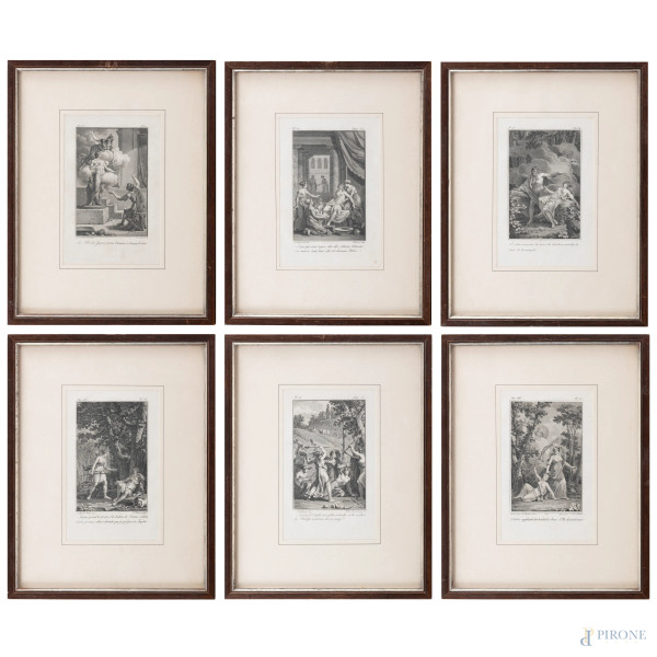 Lotto di sei stampe a soggetto mitologico, XIX-XX secolo, cm 31x24 compreso passepartout, entro cornice, (segni di usura, tracce di umidità)
