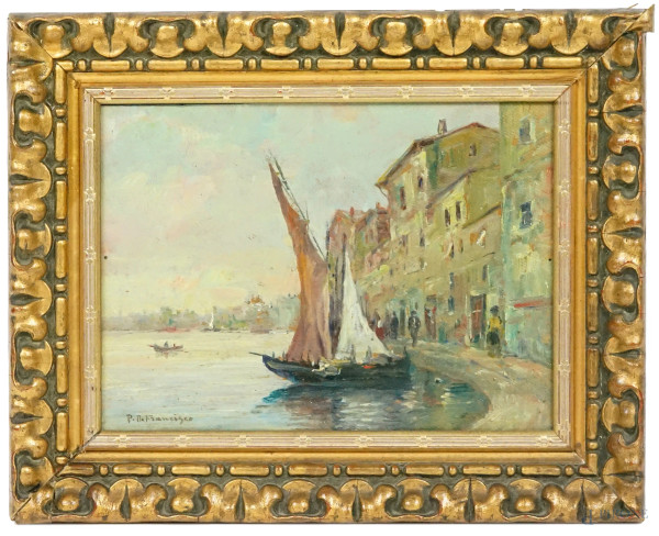 Scorcio di Venezia, olio su tela riportata su cartone, firmato, cm 18x24, entro cornice