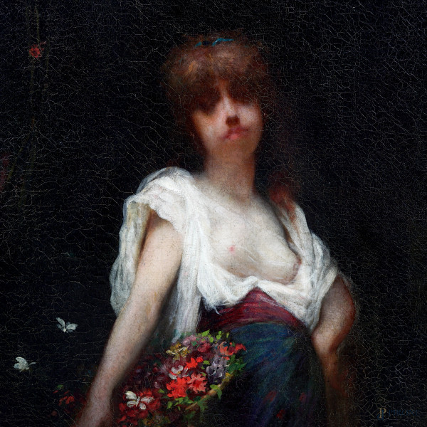 Giovane donna con fiori, olio su tela, cm 110x71, firmato in basso a sinistra e datato 1884, entr...