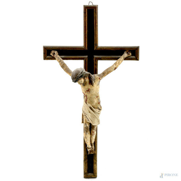 Cristo in legno scolpito e dipinto, XX secolo, cm 53x29, (cadute di colore, difetti, mancanze)