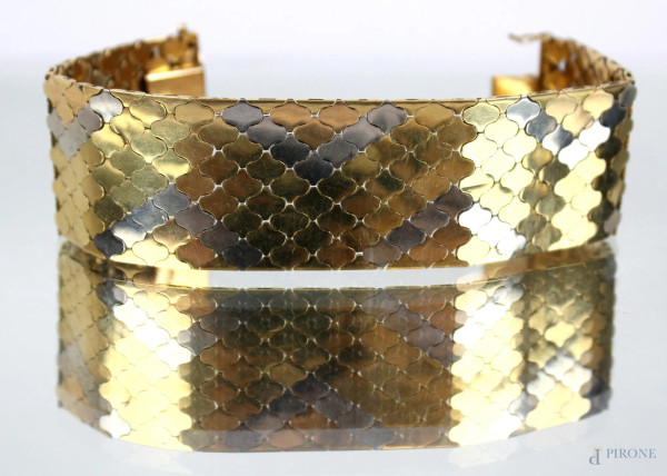 Bracciale semirigido a fascia larga in oro 18 kt a tre colori,  cm.3, gr. 86,4