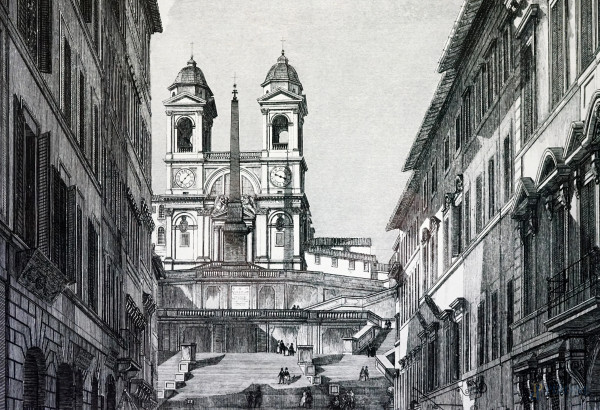 Veduta di via Condotti, da un'incisione di Luigi Rossini (Ravenna, 1790 – Roma, 1857), cm 51x41, ...