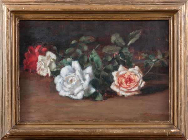 Cesare Calchi Novati (1858-1939), Rose, olio su cartone, cm 35x50, firmato in basso a destra, entro cornice, (ondulazioni del supporto, abrasioni)