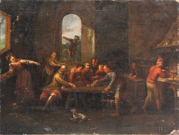Interno d&#39;osteria con giocatori di dadi, dipinto ad olio su tela, XVIII sec. Scuola nord europea, cm 62 x 50.