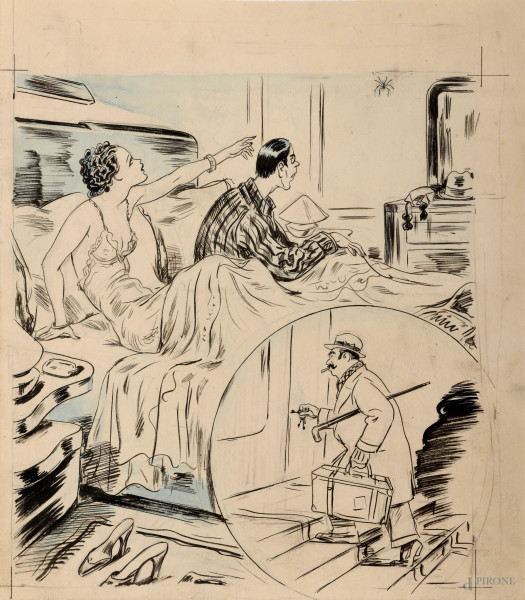 Luigi Bompard (1879 - 1953), Al letto, tecnica mista su carta (recto e verso), cm 31x27,5 (lievi segni di usura del tempo)