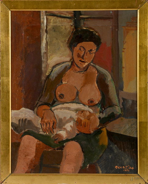 Enrico Accatino (1920-2007), Maternità, olio su tela, firmato e datato "1953" in basso a destra, entro cornice, (difetti)