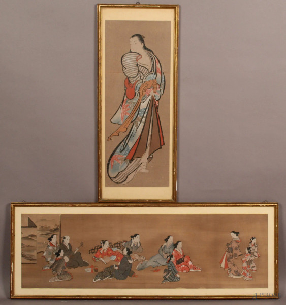 Lotto composto da un dipinto a tecnica mista ed un&#39;antica stampa raffiguranti figure, Giappone inizi XX secolo, misure cm. 28x92 cm e 62x24 cm, entro cornici.