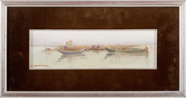 Rinaldo Caressa (Roma, 1929 – 2009), Laguna di Burano, olio su tela, firmato in basso a sinistra, cm 10x30, entro cornice