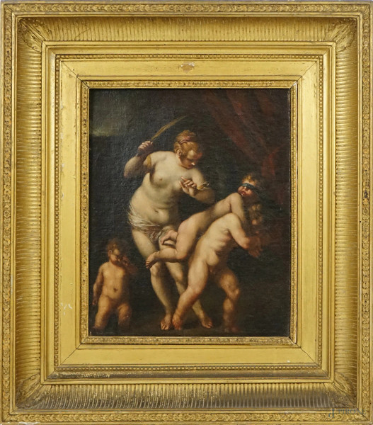 Pittore emiliano del XVII secolo, Venere punisce con la frusta l'Amor profano, olio su tela, cm 39,5x31, entro cornice.