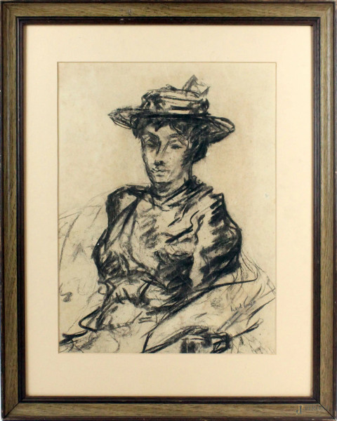 Ritratto di donna con cappello, carboncino su carta applicata su tela, cm 46x34,5, firmato, entro cornice