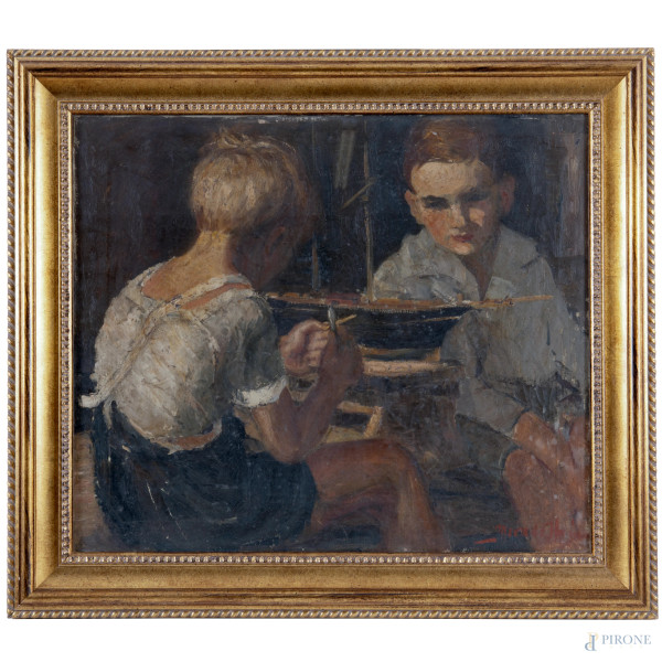 Gioco di ragazzi, XX secolo, olio su tela, cm 59x70, firmato in basso a destra, entro cornice, craquelure, sollevamenti e cadute di colore)