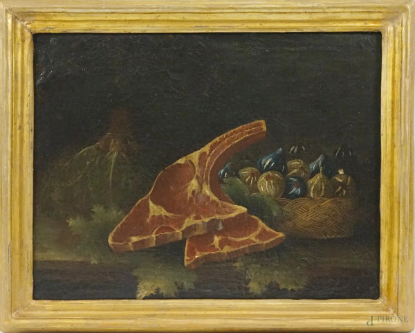 Pittore del XVII secolo,Tavola imbandita con carne e fichi, olio su tela, cm 37x48, entro cornice.