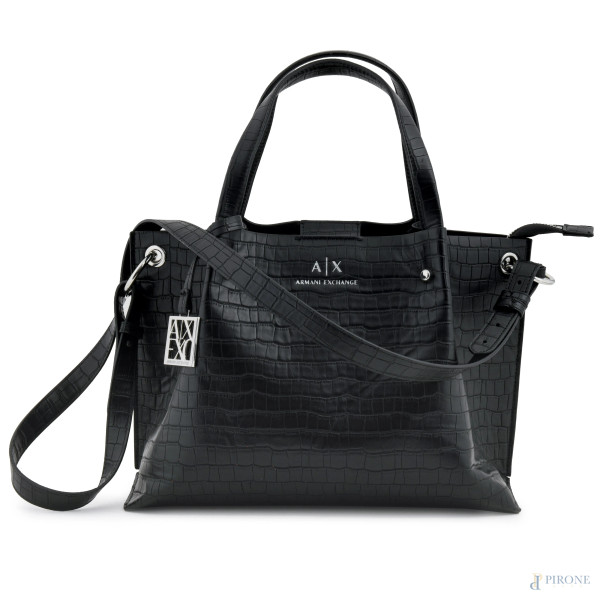 Borsa Armani Exchange in similpelle nera  con lavorazione a coccodrillo, cm 24x34, (segni di usura del tempo)