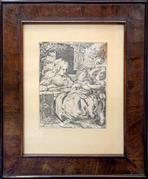 Maternit&#224;, incisione datata 1587 e firmata Ani.Car.Bol.In.F., cm 15 x 12, entro cornice.