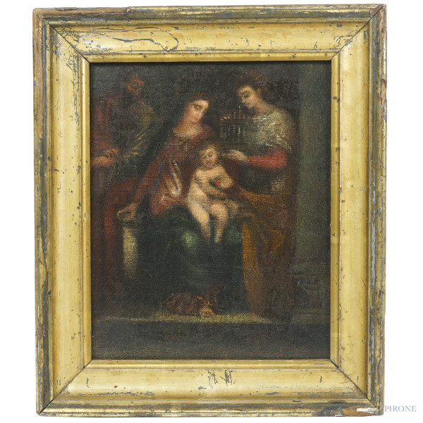 Sacra famiglia con Santa Cecilia, olio su tela, cm 29,5x24,5, XIX secolo, entro cornice