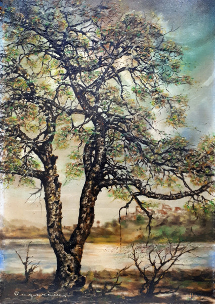 Maestro del Novecento, Albero in riva al lago, olio su tela applicata su legno, cm 66x45, firmato