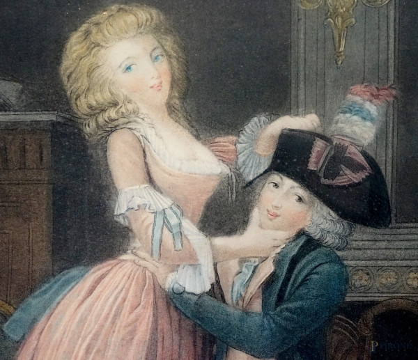 Lotto composto da tre stampe a tema galante in costume, XIX secolo, misure massime cm 59x44 compr...