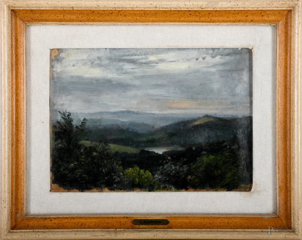 Paesaggio, olio su cartone, cm 23x35 entro cornice, firmato Luciano Guarnieri in basso a destra. Al retro iscrizione dell'autore