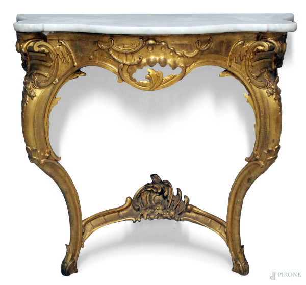 Consolle d&#39;appoggio Luigi XV in legno intagliato e dorato con piano in marmo, cm 78x95x53.
