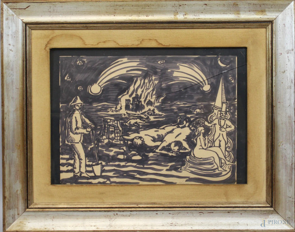 Carlo Levi - Paesaggio con figure ,tecnica mista su carta 31x44 cm, entro cornice.