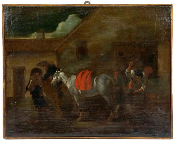 Pittore bambocciante a Roma nel XVII secolo, Il maniscalco, olio su tela, cm 39x49,8, (lievi difetti).