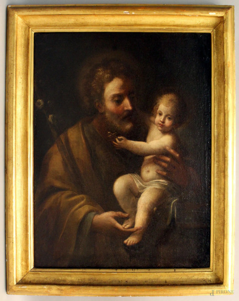 Pittore del XVIII sec., San Giuseppe e bambino, olio su tela, cm 94x75, entro cornice.
