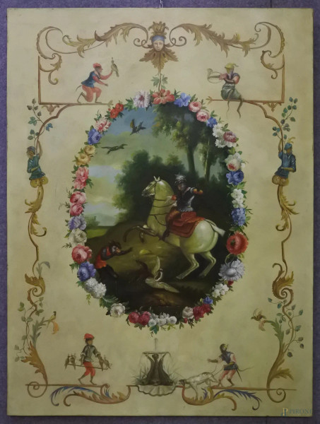 Pannello dipinto ad olio su tela a decoro di scimmie e festoni, parte centrale con rosone e cavaliere, 91x122 cm, periodo liberty.
