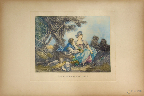 Francoise Boucher (1703-1770), “Les delices de l’automne”, acquaforte a colori, incisore Jean Daullè (1703-1763), cm 38x55 il foglio, Francia 1756