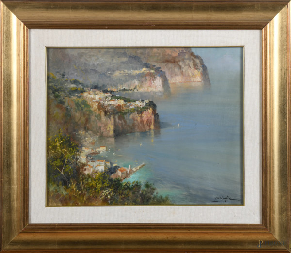 Vincenzo Laricchia (1940-2017), Scorcio di golfo, olio su tela, cm 38x47,5, firmato in basso a destra, entro cornice