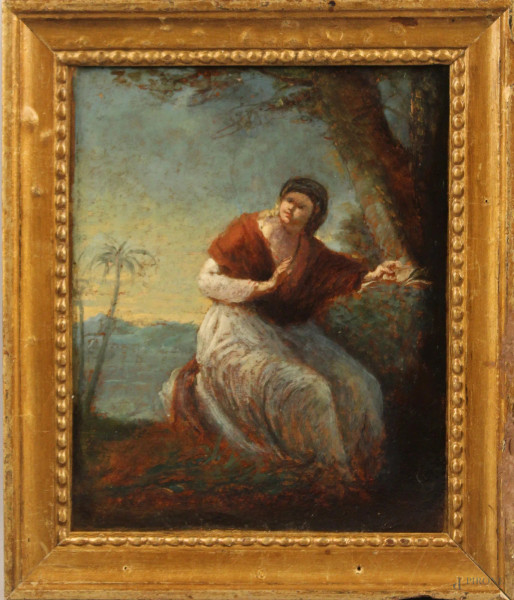 Figura su sfondo paesaggio orientale, olio su carta, 28x23 cm, XIX sec, entro cornice.
