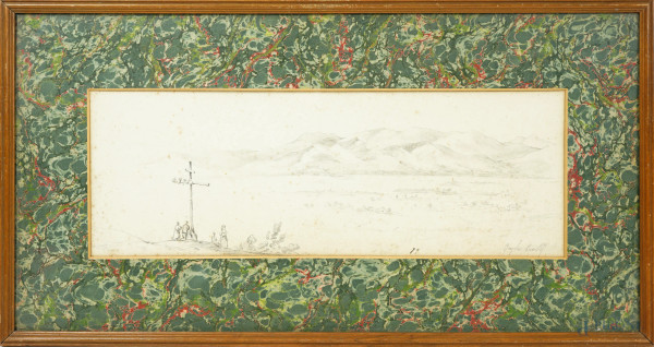 Preghiera presso un crocifisso di montagna, matita su carta, firmato in basso a destra, cm 65x34, entro cornice 