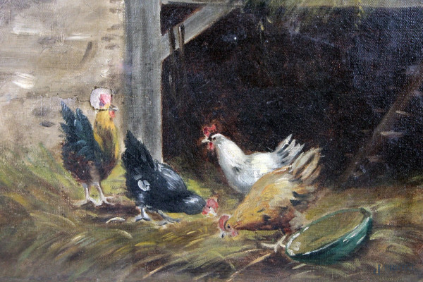 Pollaio, olio su tela, cm.27x32, XX secolo, (difetti alla tela).
