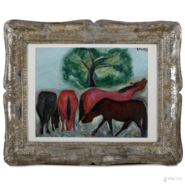 Giuseppe Cesetti (1902-1990), Cavalli, olio su tela, firmato in alto a destra, cm 40x50 entro cornice