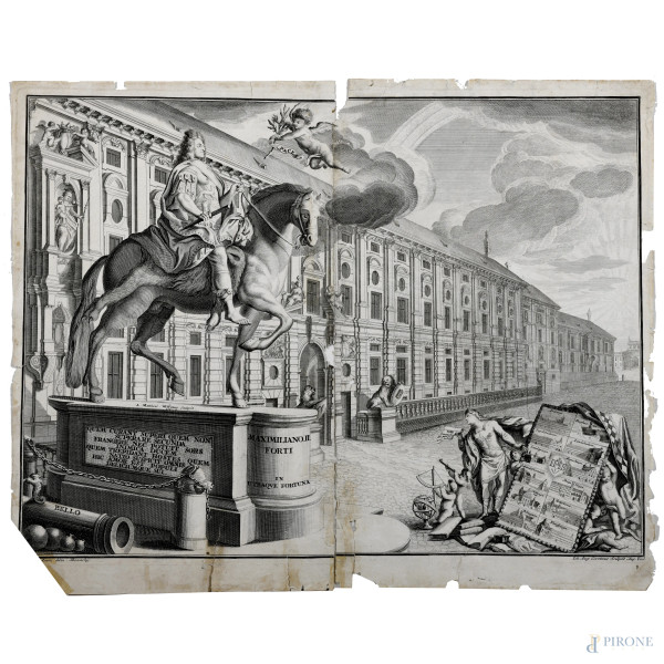 Incisione raffigurante "Maxilmiano II Forti in utraque fortuna", XVIII secolo, cm 42,5x52,5, (segni di usura, tracce di umidità, gore, foxing, lacerazioni della carta, tracce di piegatura, rotture)